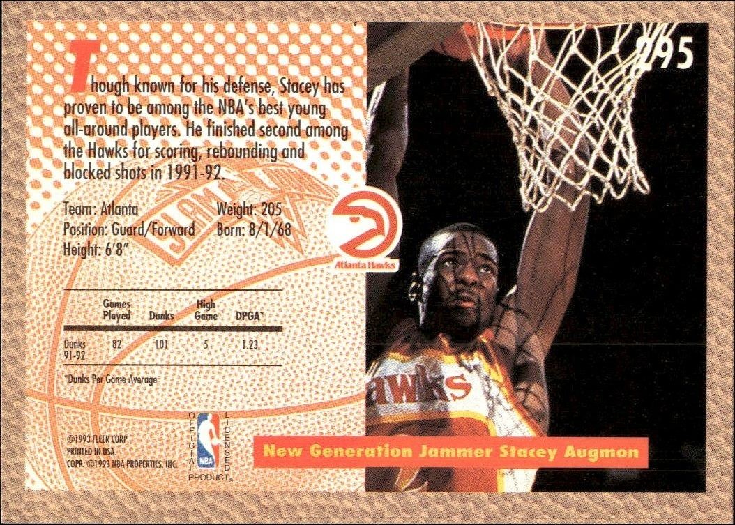 1992 Fleer Stacey Augmon #295 basketball trading card back