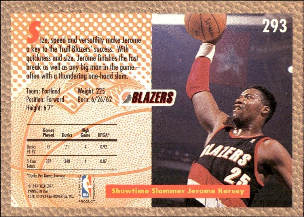 1992 Fleer Jerome Kersey #293 basketball trading card back