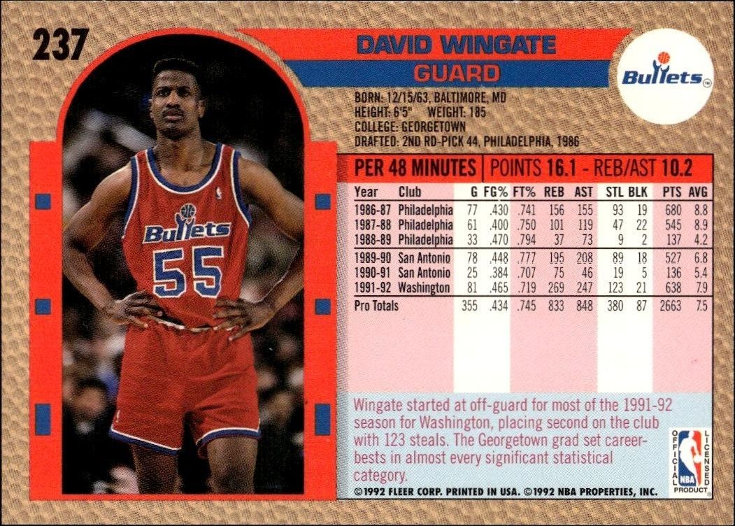 1992 Fleer David Wingate #237 basketball trading card back