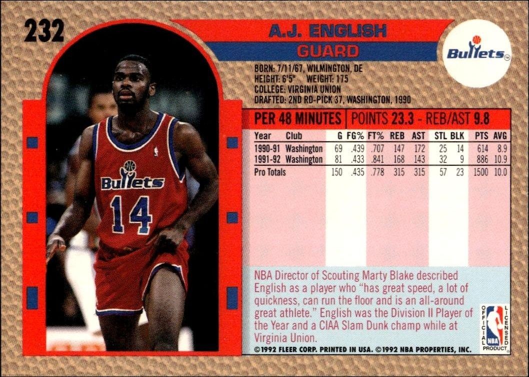 1992 Fleer A.J. English #232 basketball trading card back
