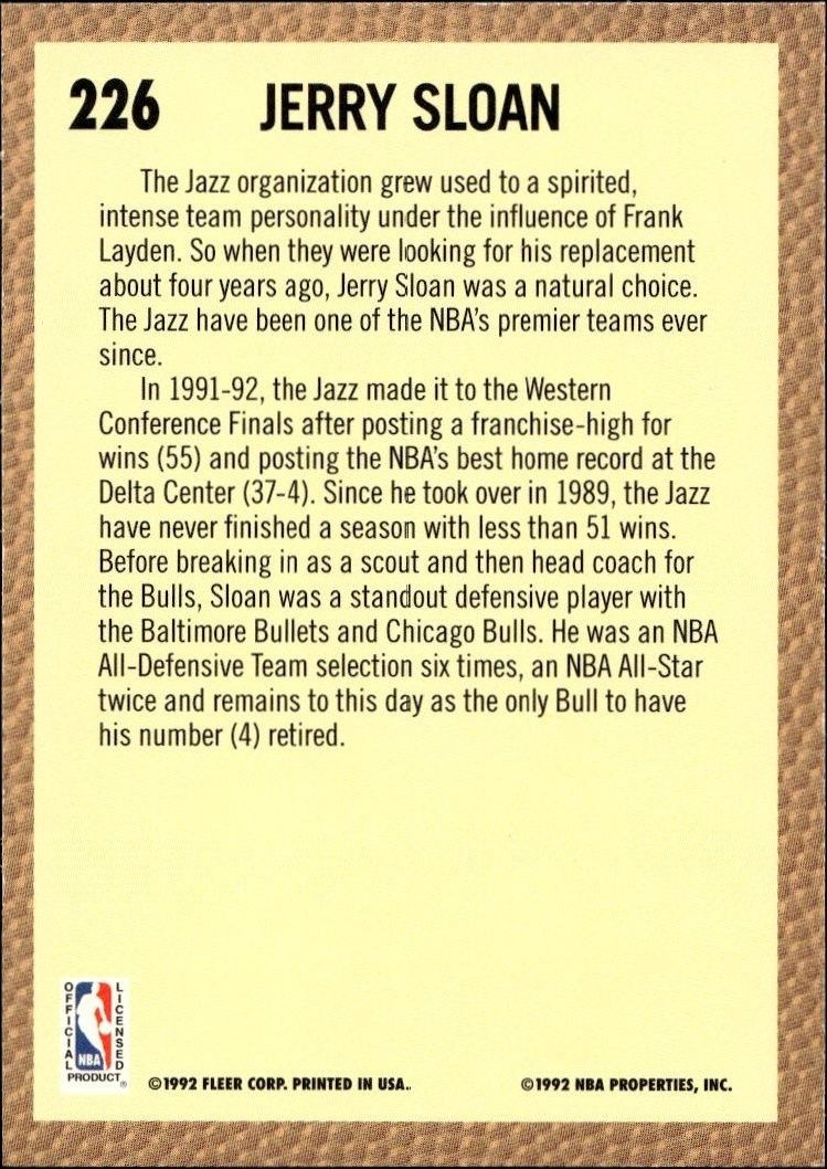 1992 Fleer Jerry Sloan #226 basketball trading card back