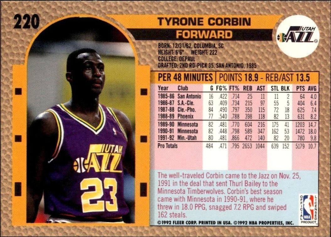 1992 Fleer Tyrone Corbin #220 basketball trading card back