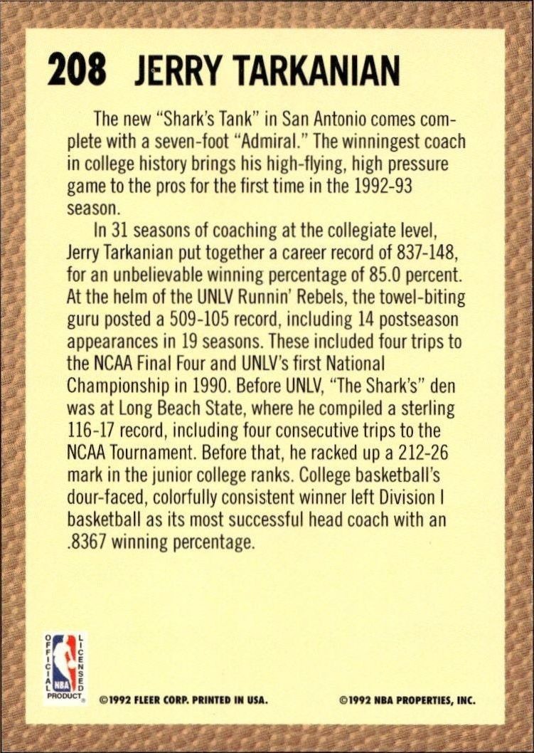 1992 Fleer Jerry Tarkanian #208 basketball trading card back