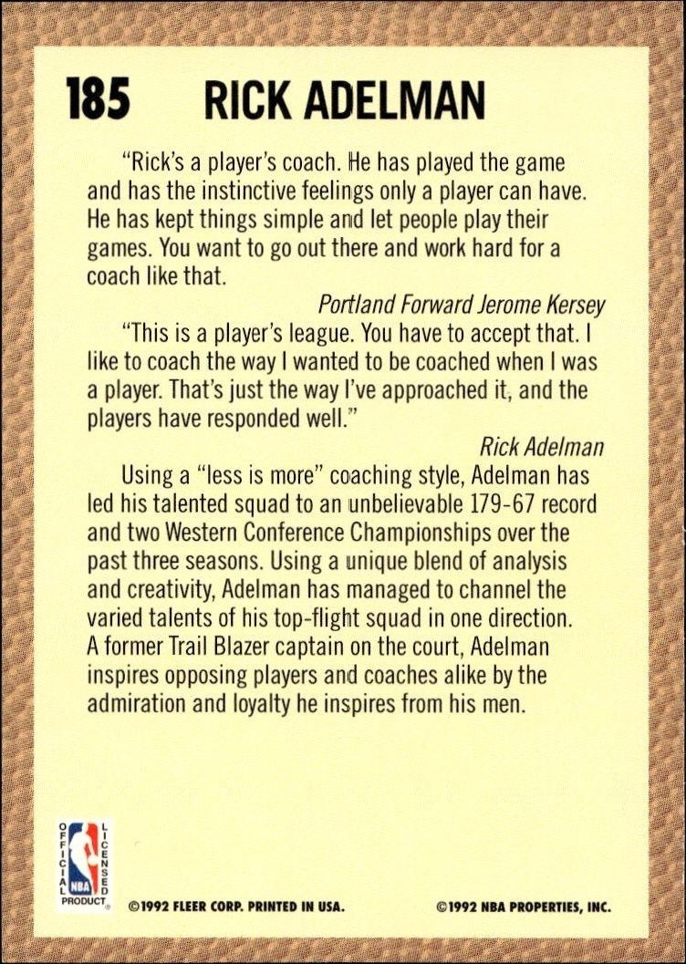 1992 Fleer Rick Adelman #185 basketball trading card back