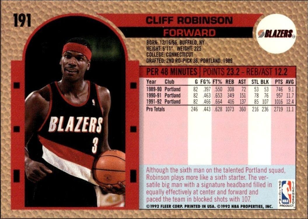 1992 Fleer Clifford Robinson #191 basketball trading card back