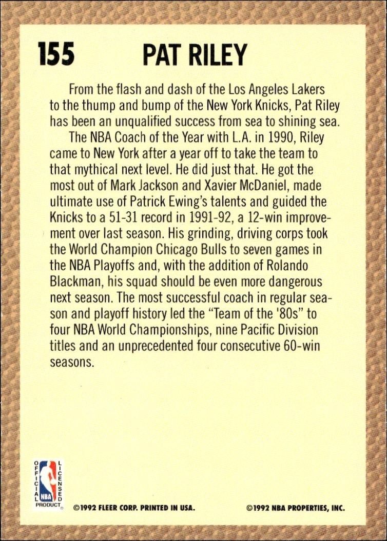 1992 Fleer Pat Riley #155 basketball trading card back