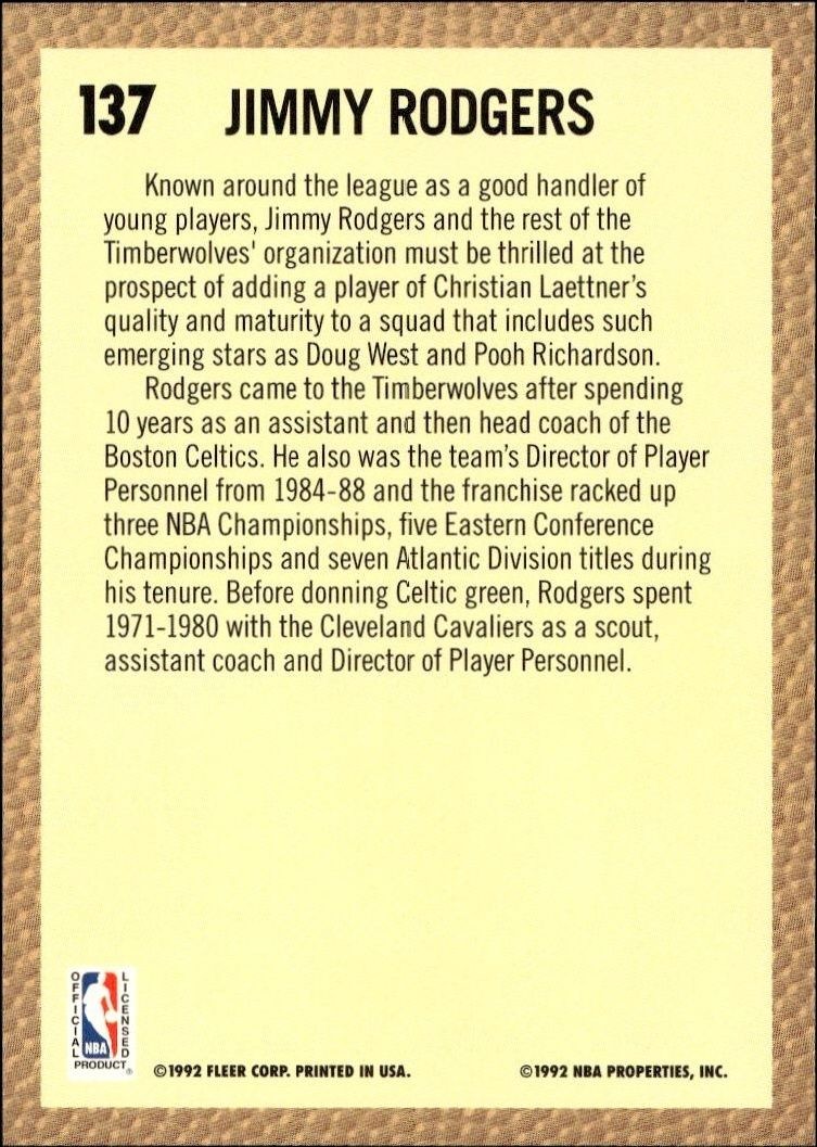 1992 Fleer Jimmy Rodgers #137 basketball trading card back