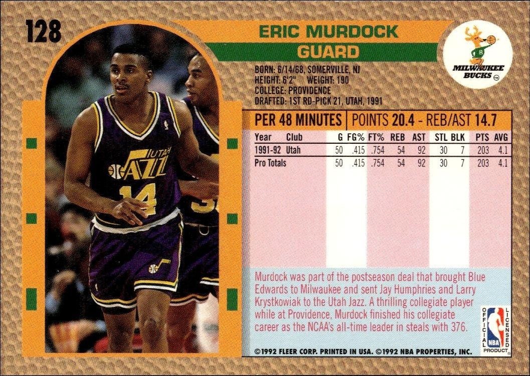 1992 Fleer Eric Murdock #128 basketball trading card back