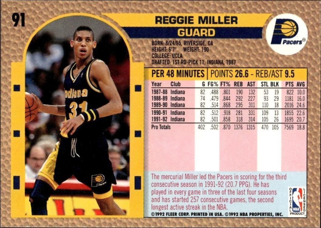 1992 Fleer Reggie Miller #91 basketball trading card back