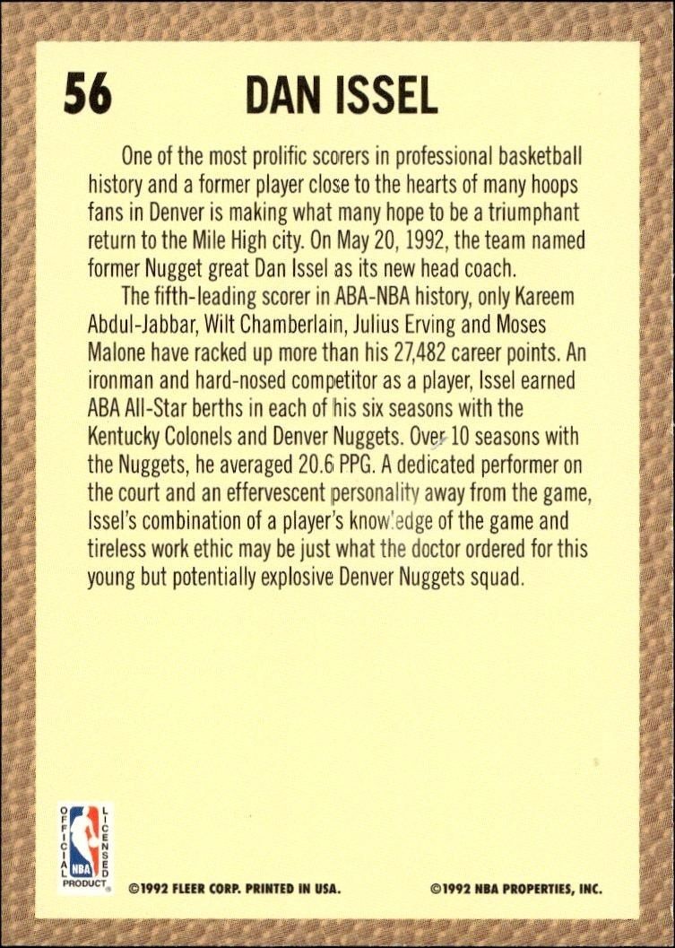 1992 Fleer Dan Issel #56 basketball trading card back