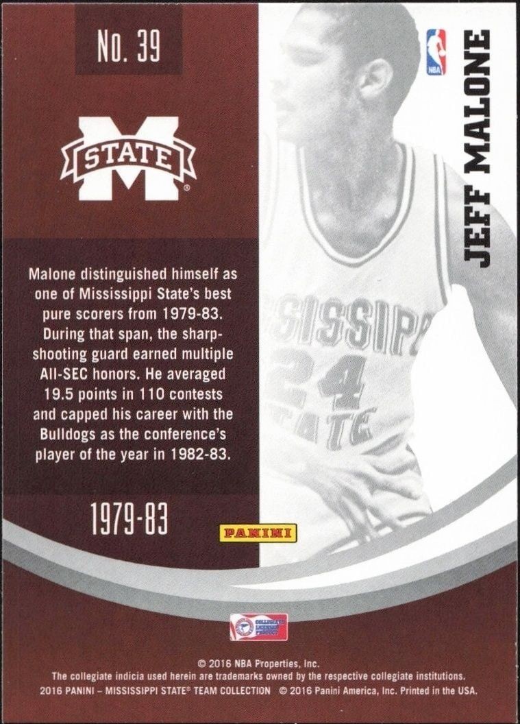 2016-17 Panini Mississippi State Jeff Malone #39 basketball trading card back
