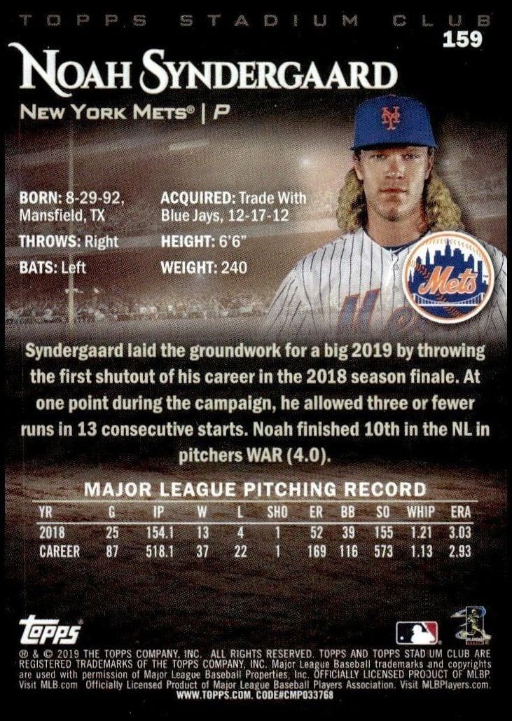 2019 Topps Stadium Club Noah Syndergaard #159 baseball trading card back