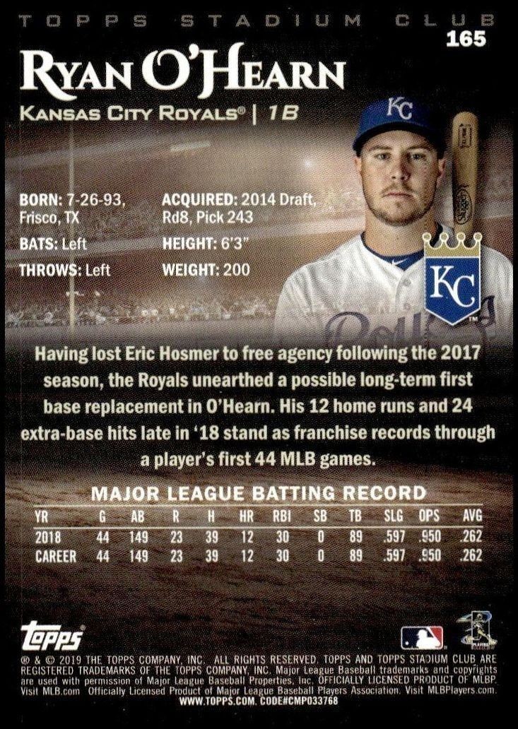 2019 Topps Stadium Club Ryan O'Hearn #165 baseball trading card back