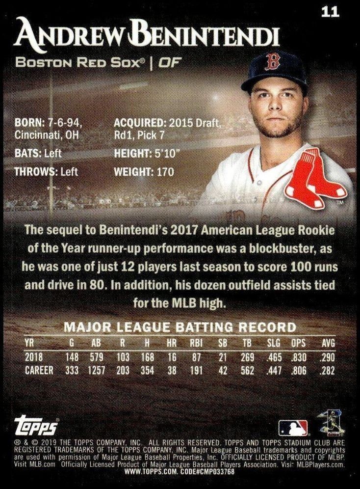 2019 Topps Stadium Club Andrew Benintendi #11 baseball trading card back