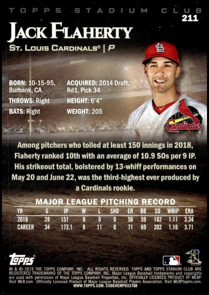 2019 Topps Stadium Club Jack Flaherty #211 baseball trading card back