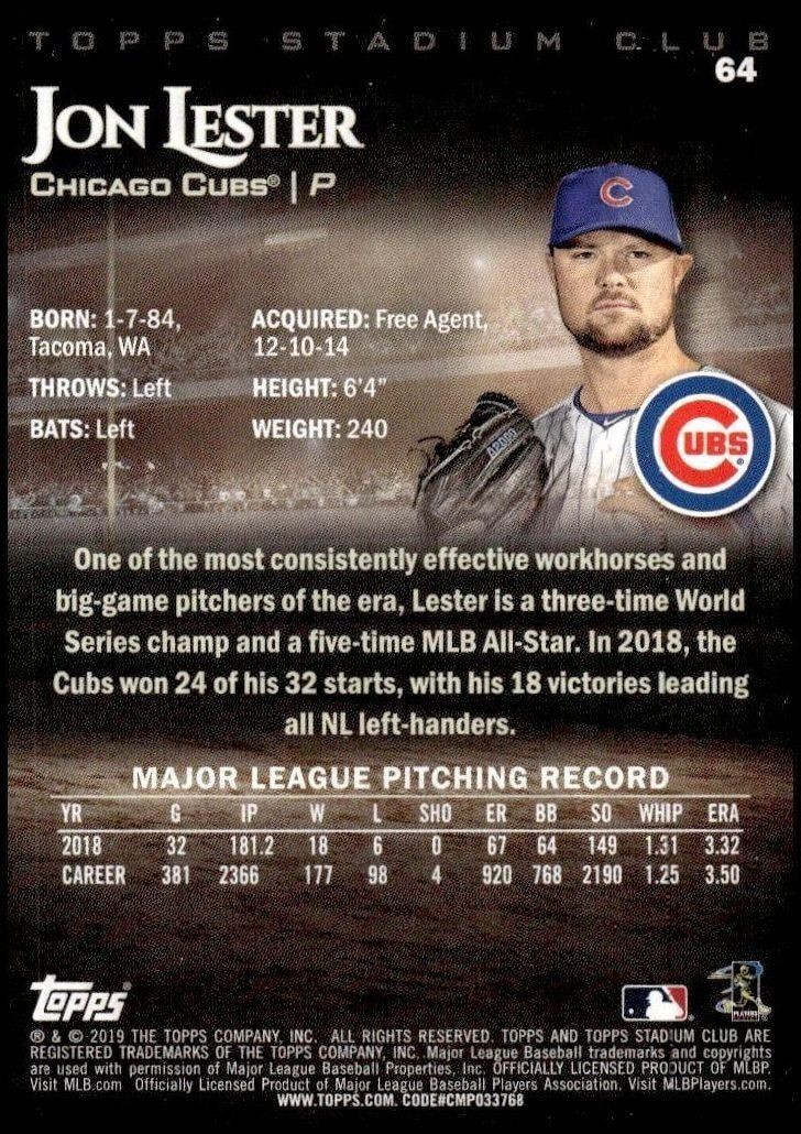 2019 Topps Stadium Club Jon Lester #64 baseball trading card back