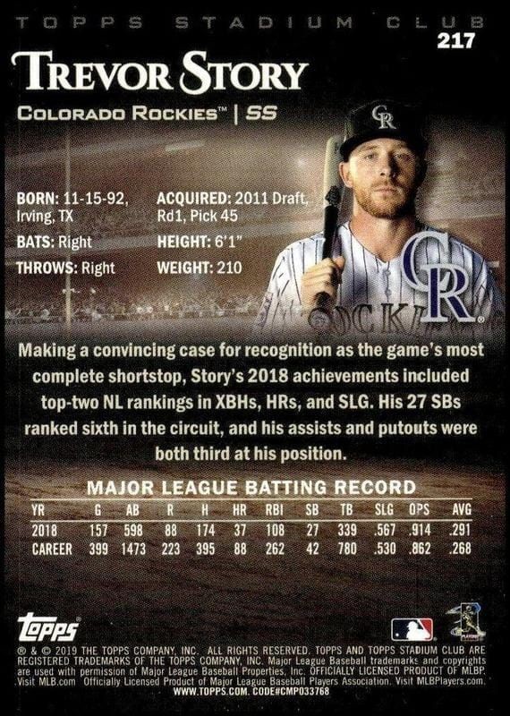 2019 Topps Stadium Club Trevor Story #217 baseball trading card back