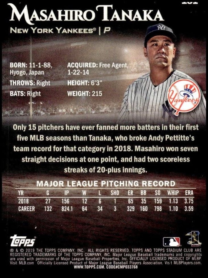 2019 Topps Stadium Club Masahiro Tanaka #181 baseball trading card back
