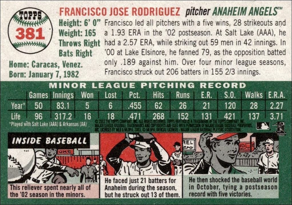 2003 Topps Heritage Francisco Rodriguez #381 baseball trading card back