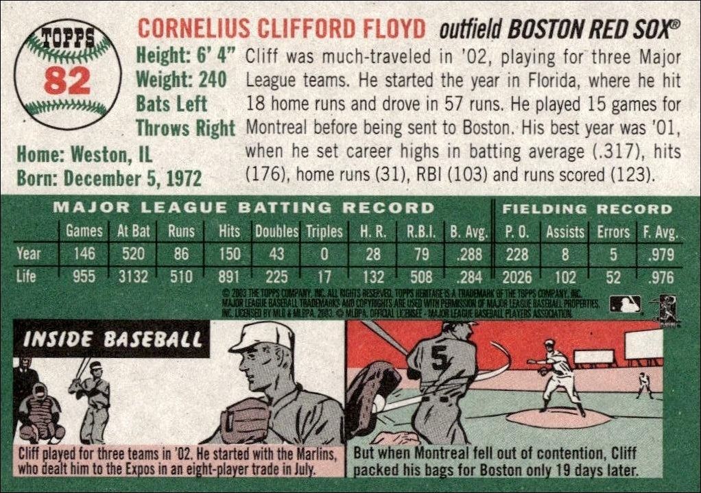 2003 Topps Heritage Cliff Floyd #82 baseball trading card back