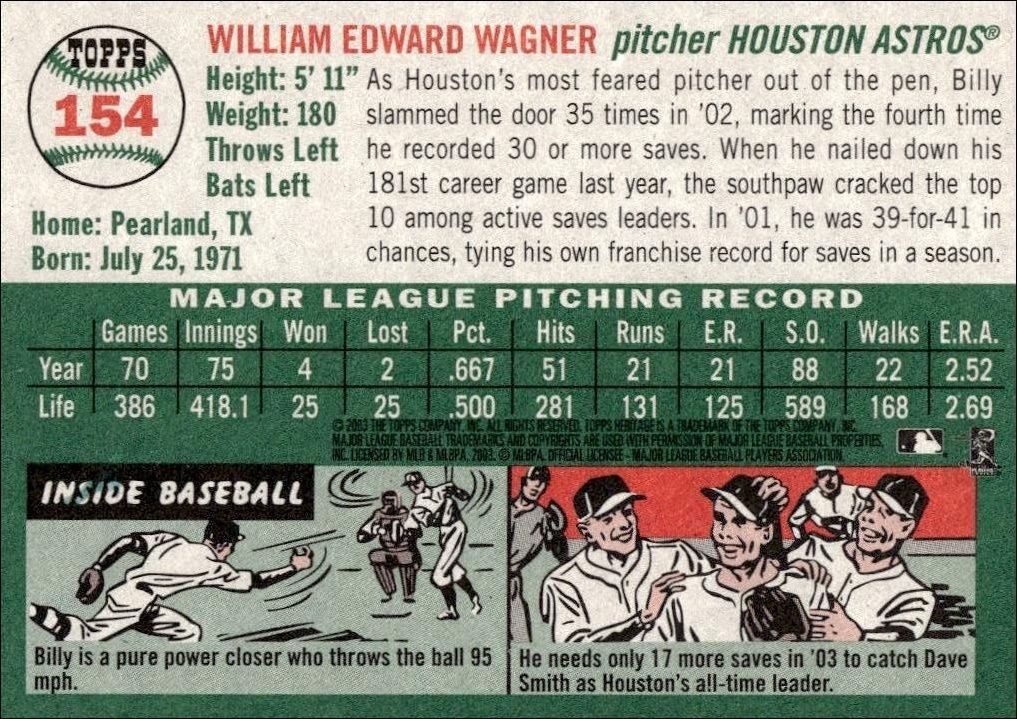 2003 Topps Heritage Billy Wagner #154 baseball trading card back