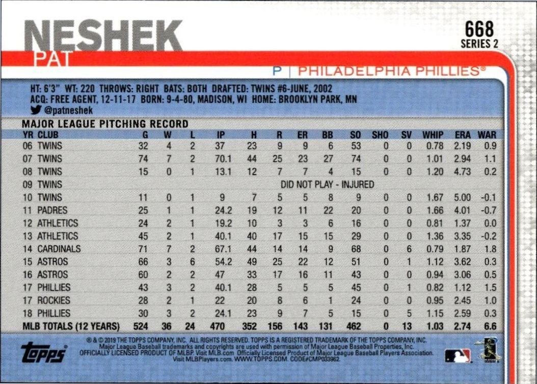 2019 Topps Series 2 Pat Neshek #668 baseball trading card back
