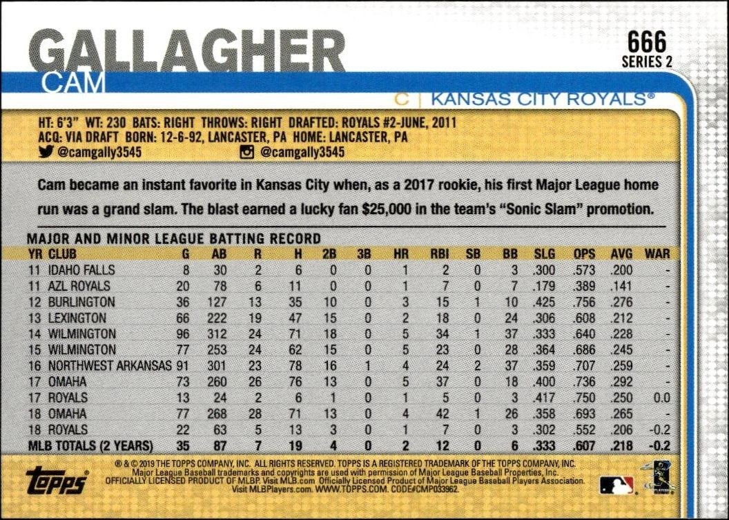 2019 Topps Series 2 Cam Gallagher #666 baseball trading card back