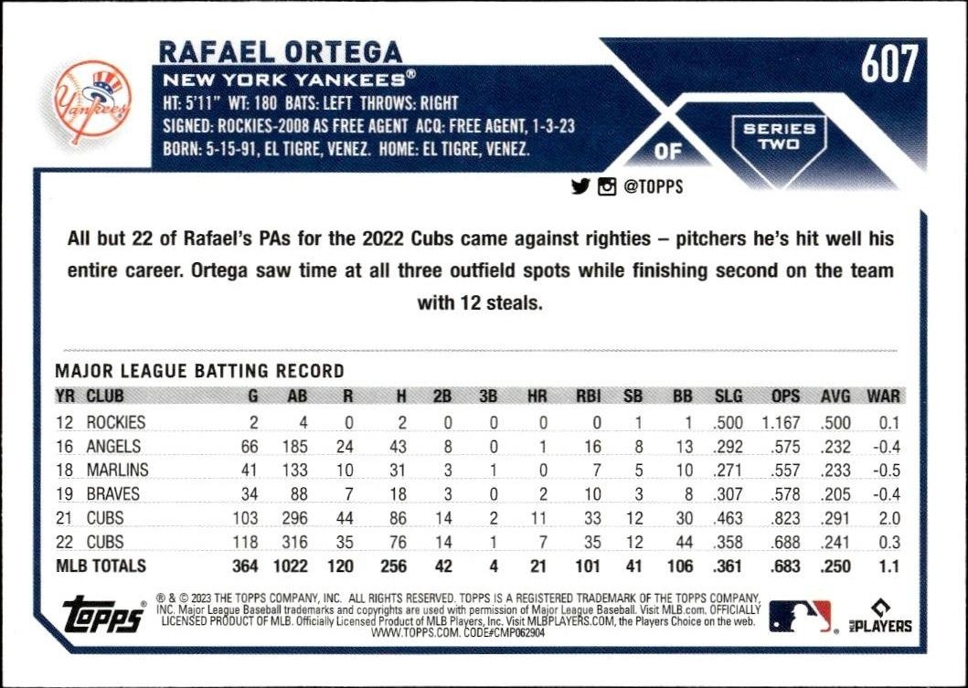 2023 Topps Series 2 Rafael Ortega #607 baseball trading card back