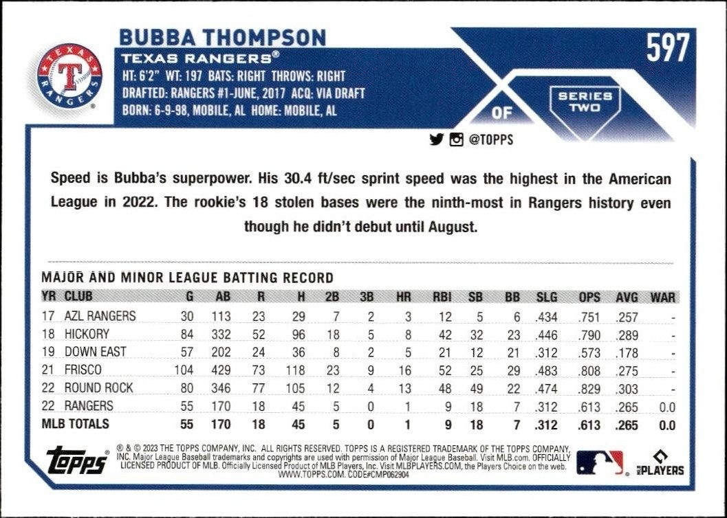 2023 Topps Series 2 Bubba Thompson #597 baseball trading card back