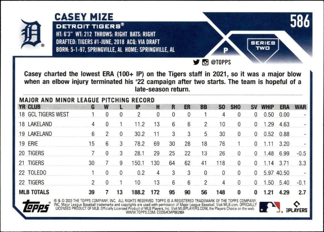 2023 Topps Series 2 Casey Mize #586 baseball trading card back