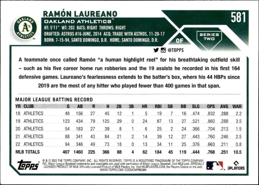2023 Topps Series 2 Ramón Laureano #581 baseball trading card back