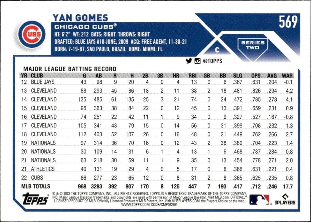 2023 Topps Series 2 Yan Gomes #569 baseball trading card back