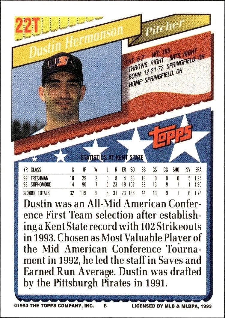 1993 Topps Traded Dustin Hermanson #22T baseball trading card back