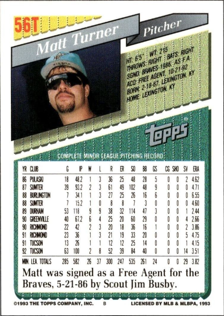 1993 Topps Traded Matt Turner #56T baseball trading card back