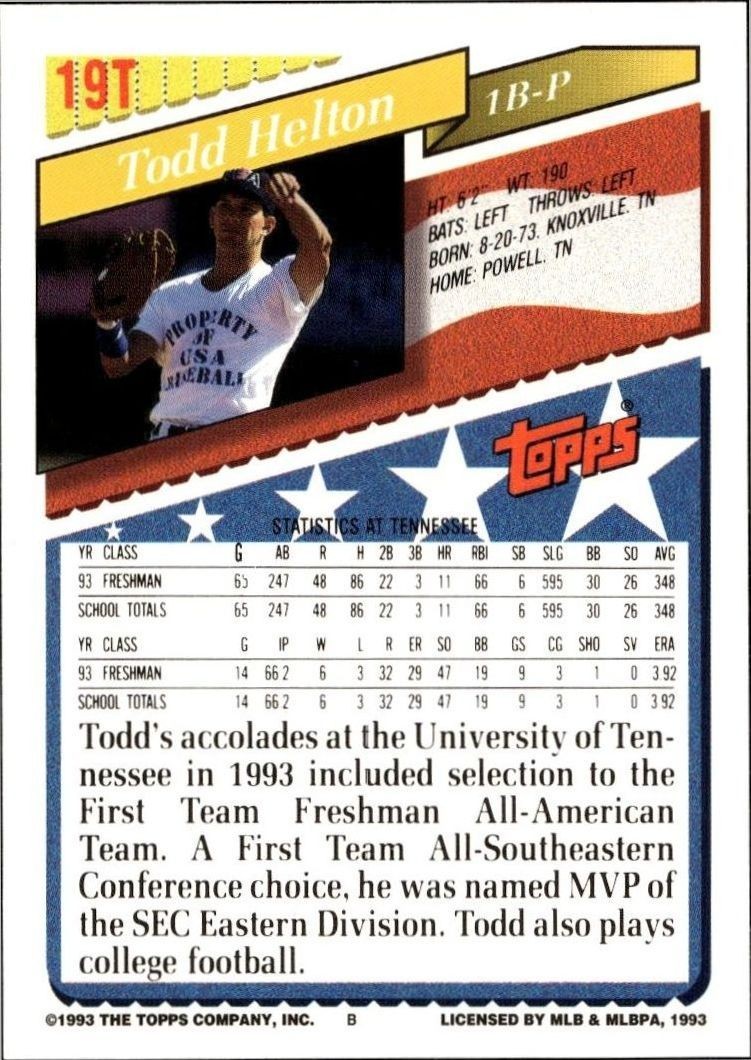 1993 Topps Todd Helton #19T baseball trading card back