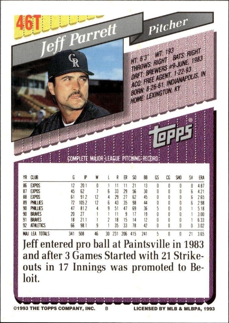 1993 Topps Traded Jeff Parrett #46T baseball trading card back