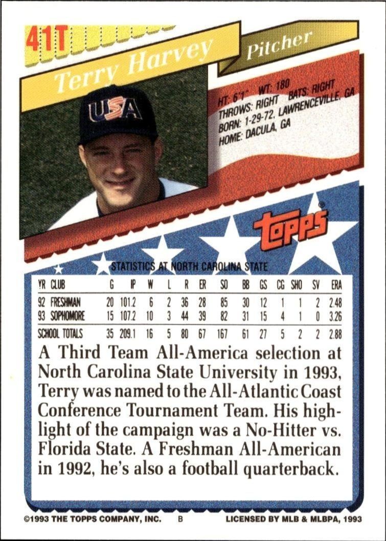1993 Topps Traded Terry Harvey #41T baseball trading card back