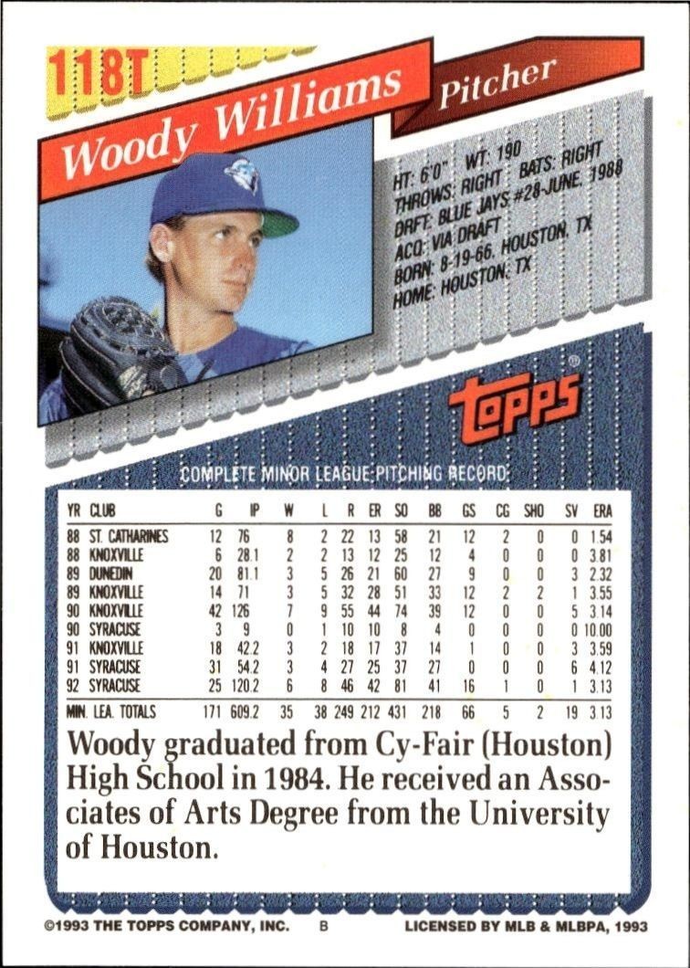 1993 Topps Traded Woody Williams #118T baseball trading card back