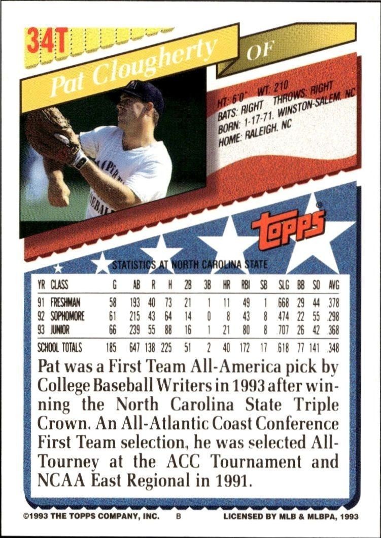 1993 Topps Traded Pat Clougherty #34T baseball trading card back