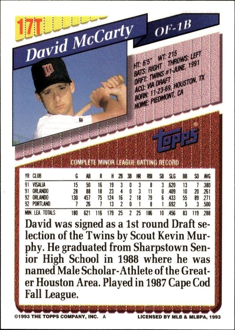 1993 Topps Traded David McCarty #17T baseball trading card back