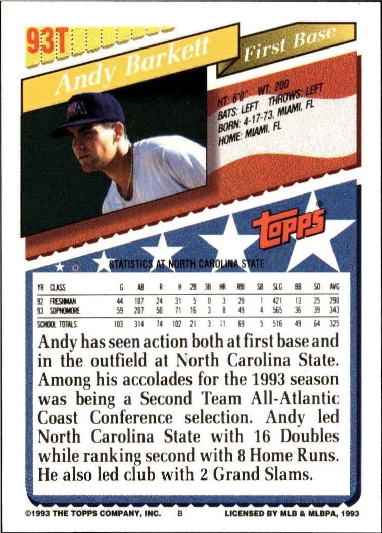 1993 Topps Traded Andy Barkett #93T baseball trading card back