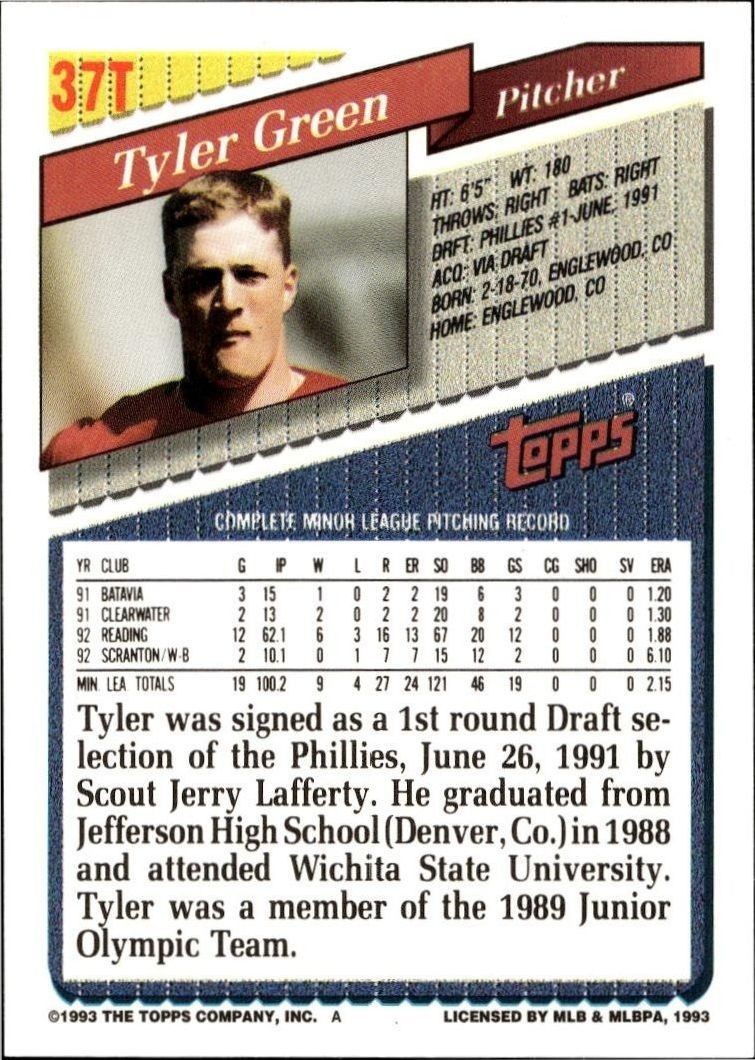 1993 Topps Traded Tyler Green #37T baseball trading card back