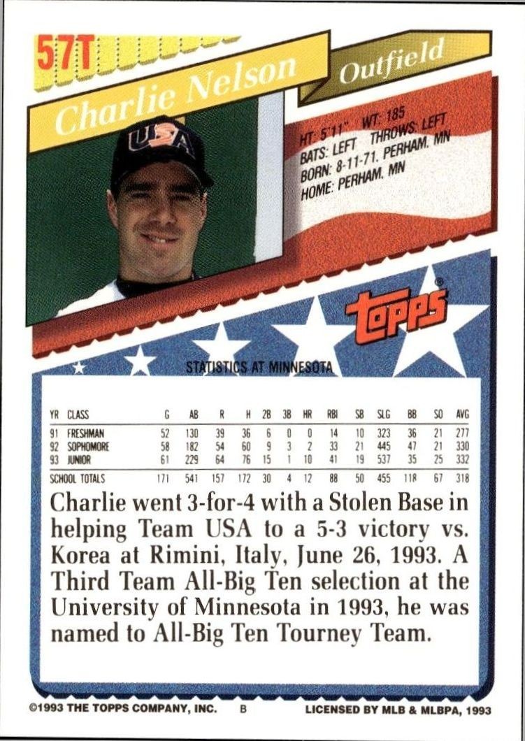 1993 Topps Traded Charlie Nelson #57T baseball trading card back