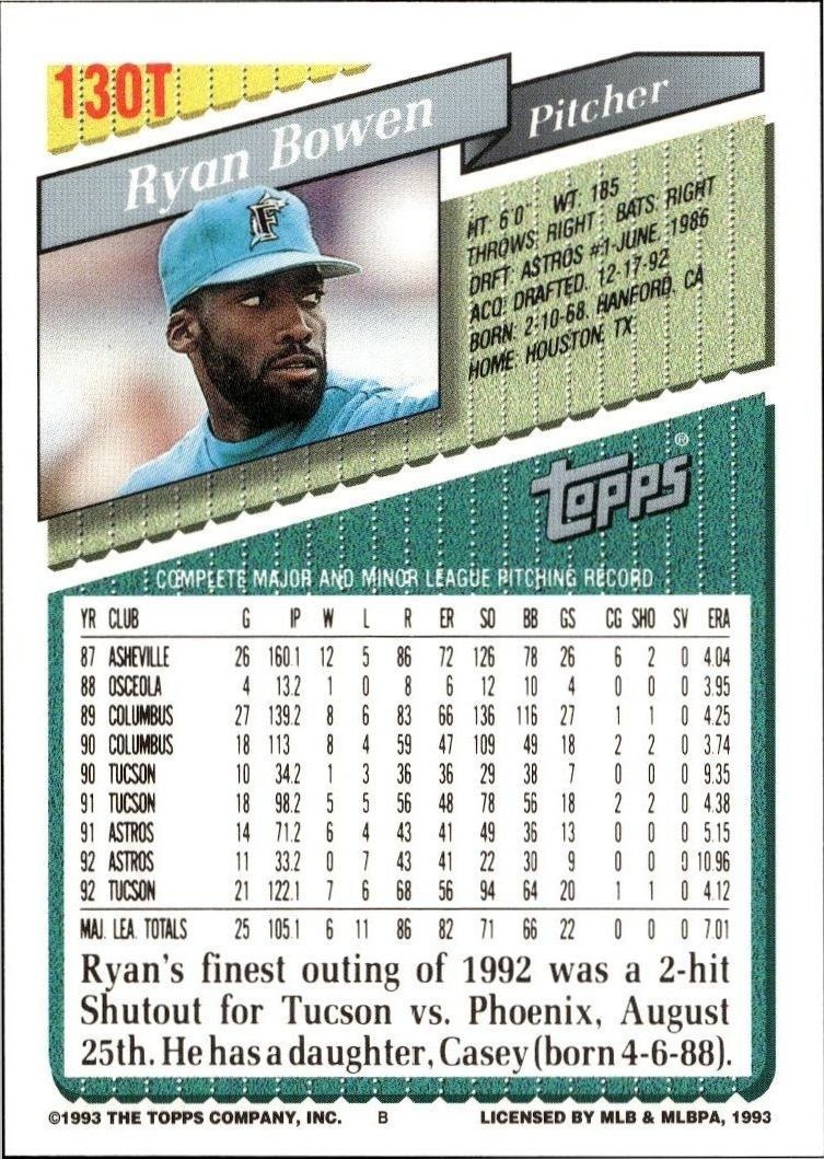 1993 Topps Traded Ryan Bowen #130T baseball trading card back