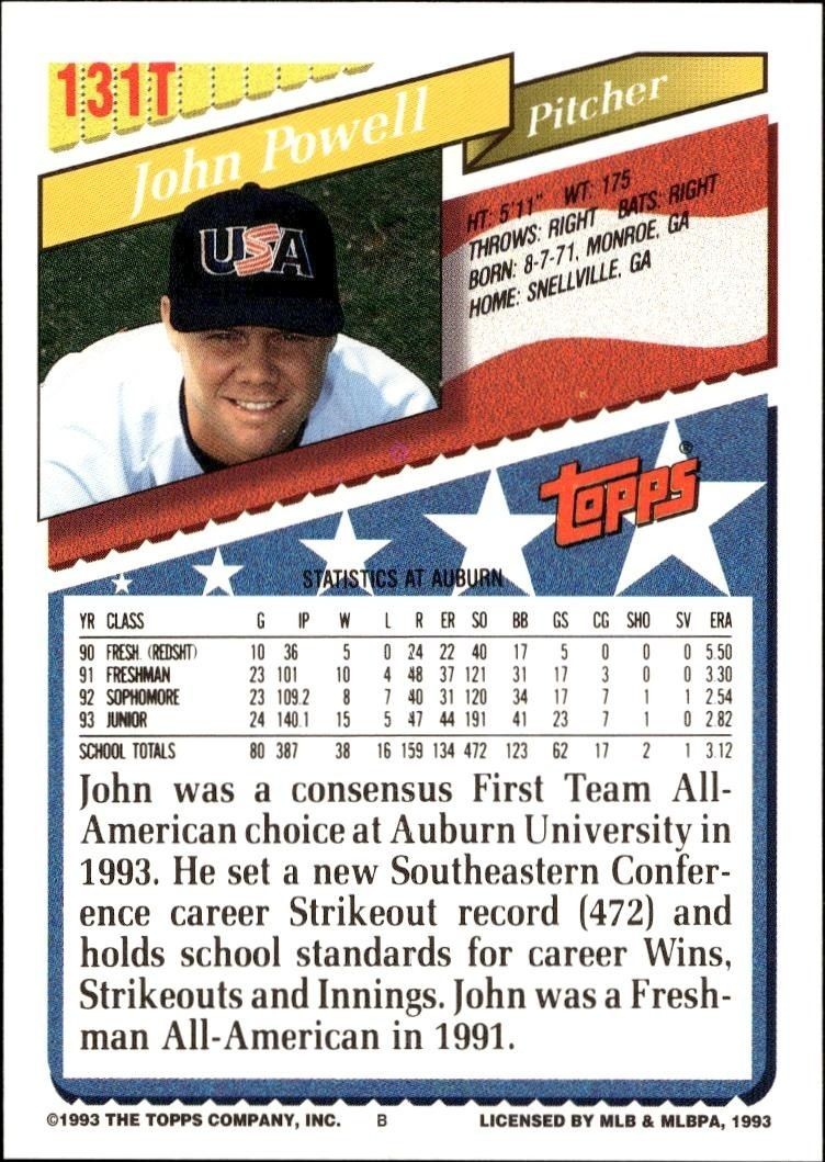 1993 Topps Traded John Powell #45T baseball trading card back