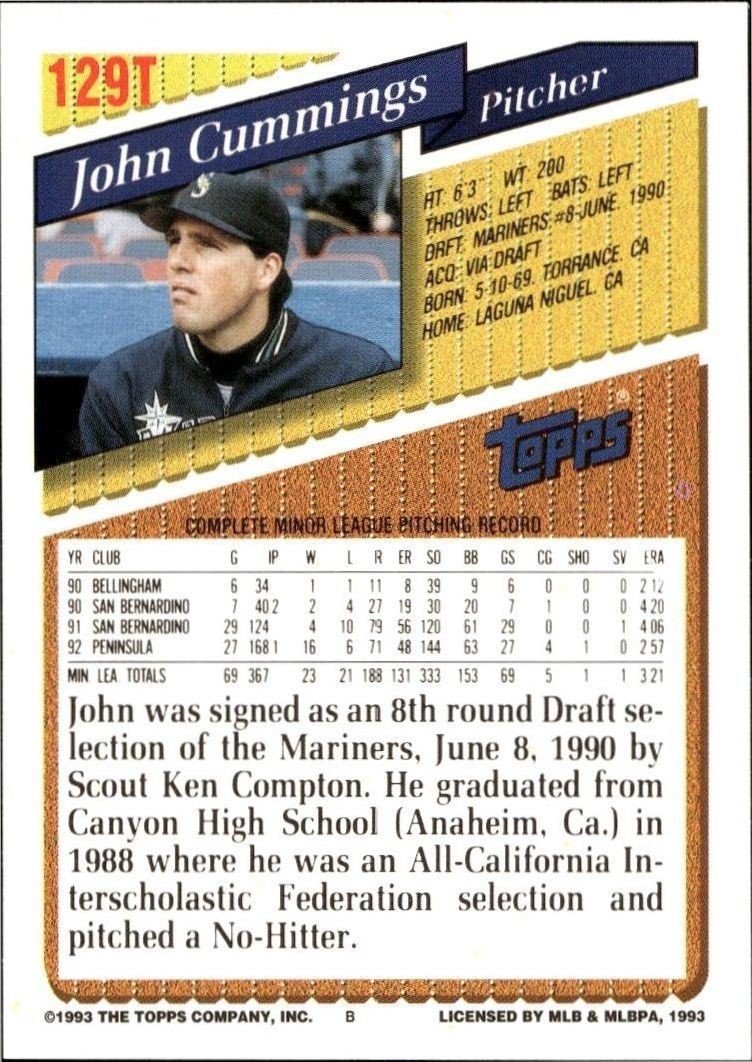 1993 Topps Traded John Cummings #129T baseball trading card back