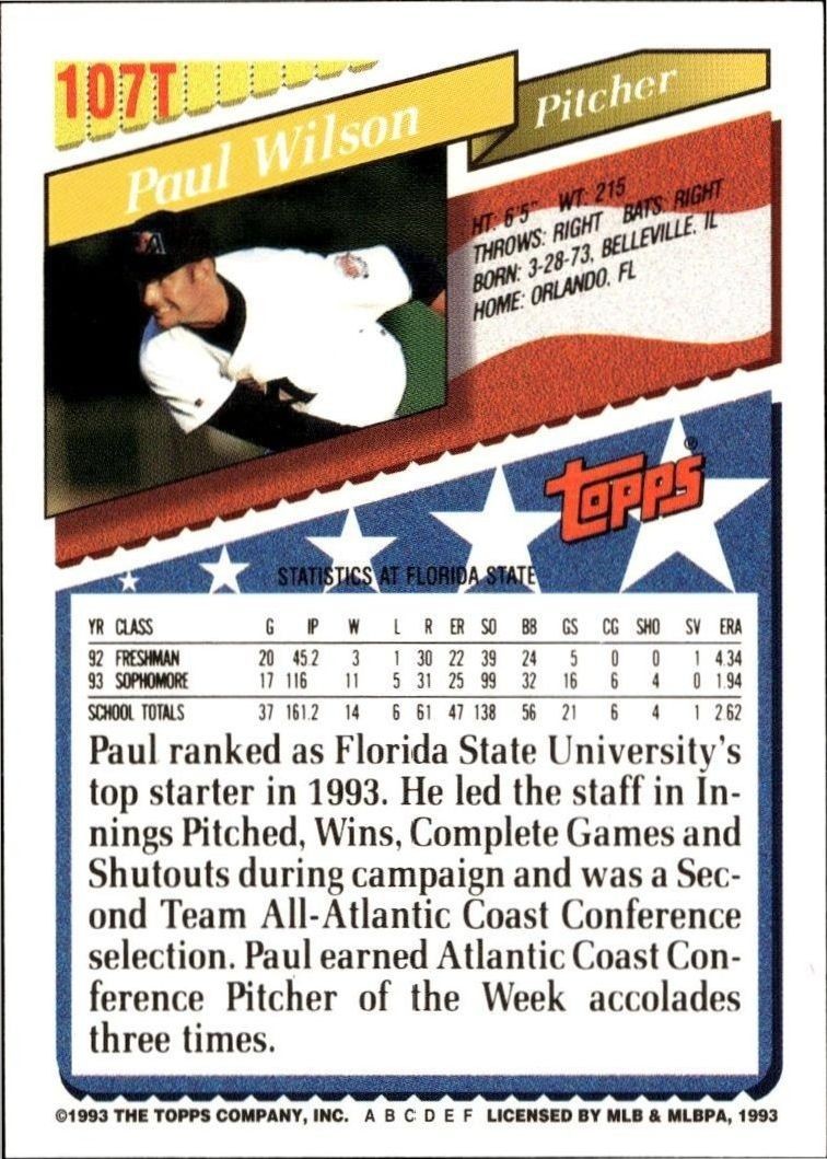 1993 Topps Traded Paul Wilson #107T baseball trading card back