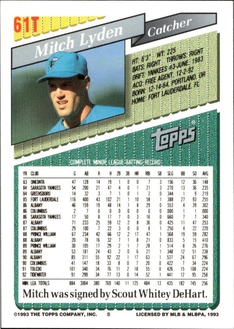 1993 Topps Traded Mitch Lyden #61T baseball trading card back
