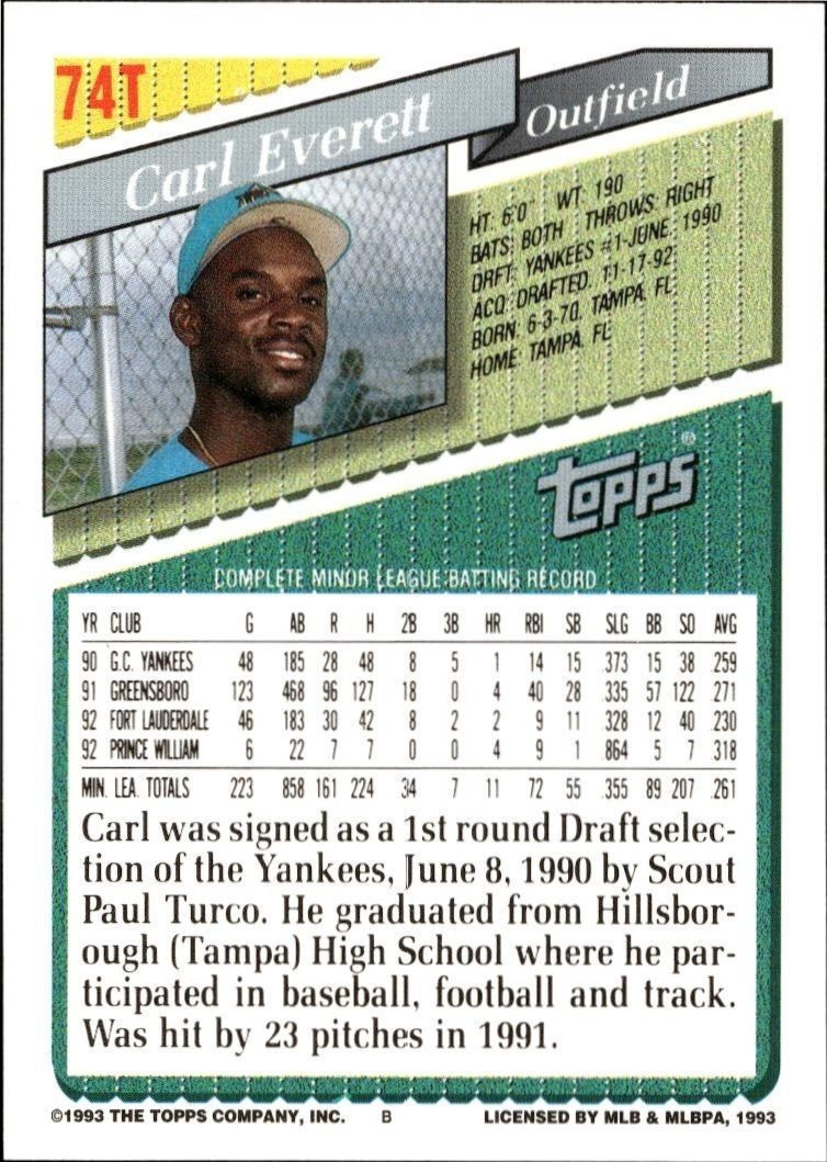 1993 Topps Traded Carl Everett #74T baseball trading card back