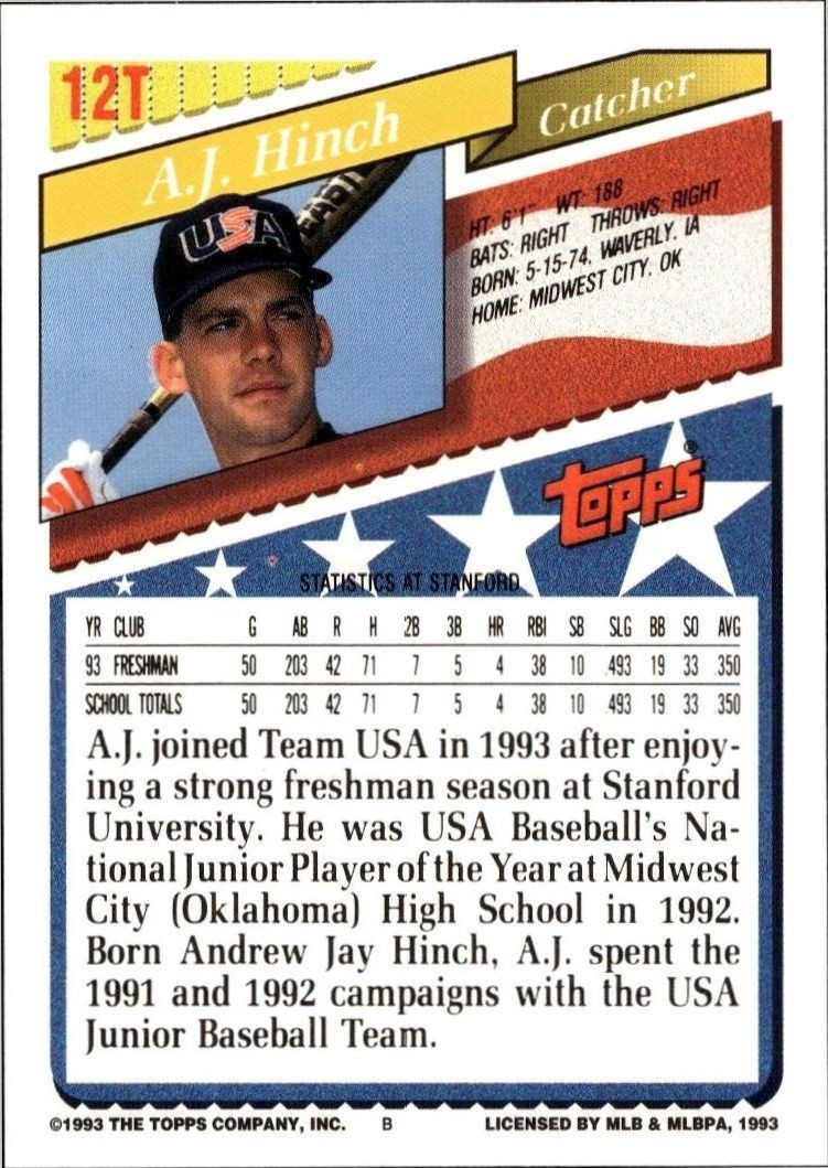 1993 Topps Traded A.J. Hinch #12T baseball trading card back